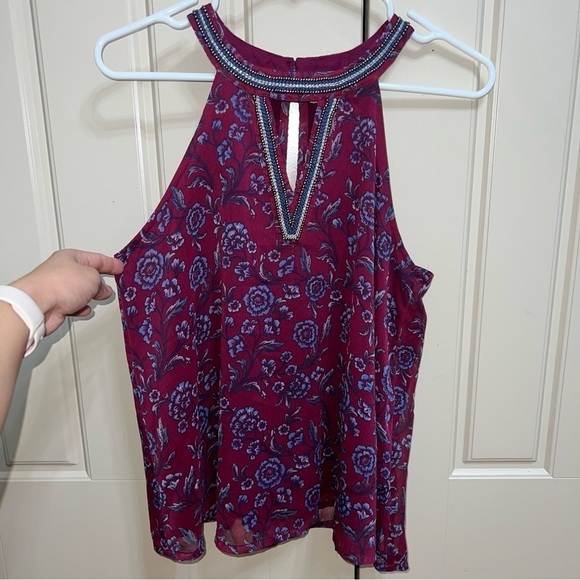 Hollister Burgundy Halter Beaded Neckline Floral Tank Blouse Size Small - Picture 13 of 13